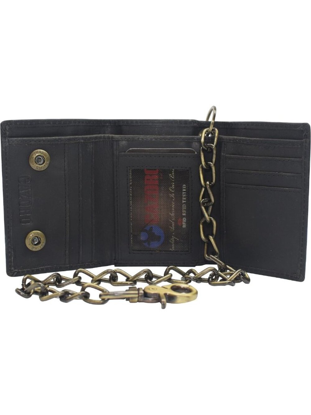 Vintage Leather Biker Chain Wallet - RFID Blocking Trifold with Snap Closure